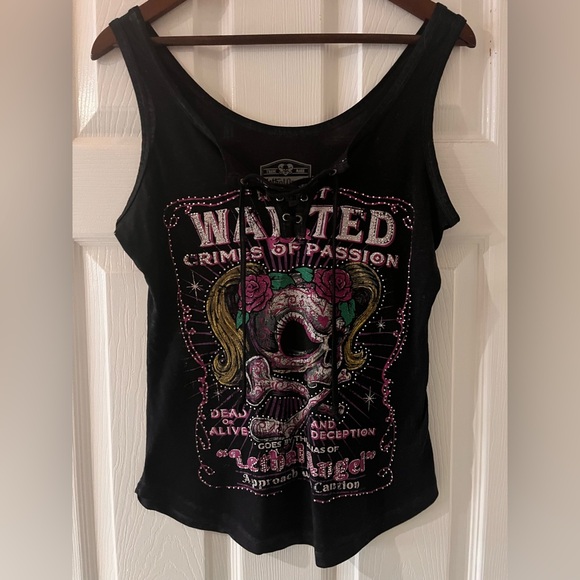 Tops - Y2K Biker Skull Lace-Up Tank Top Rhinestone Roses Edgy Grunge Black Medium